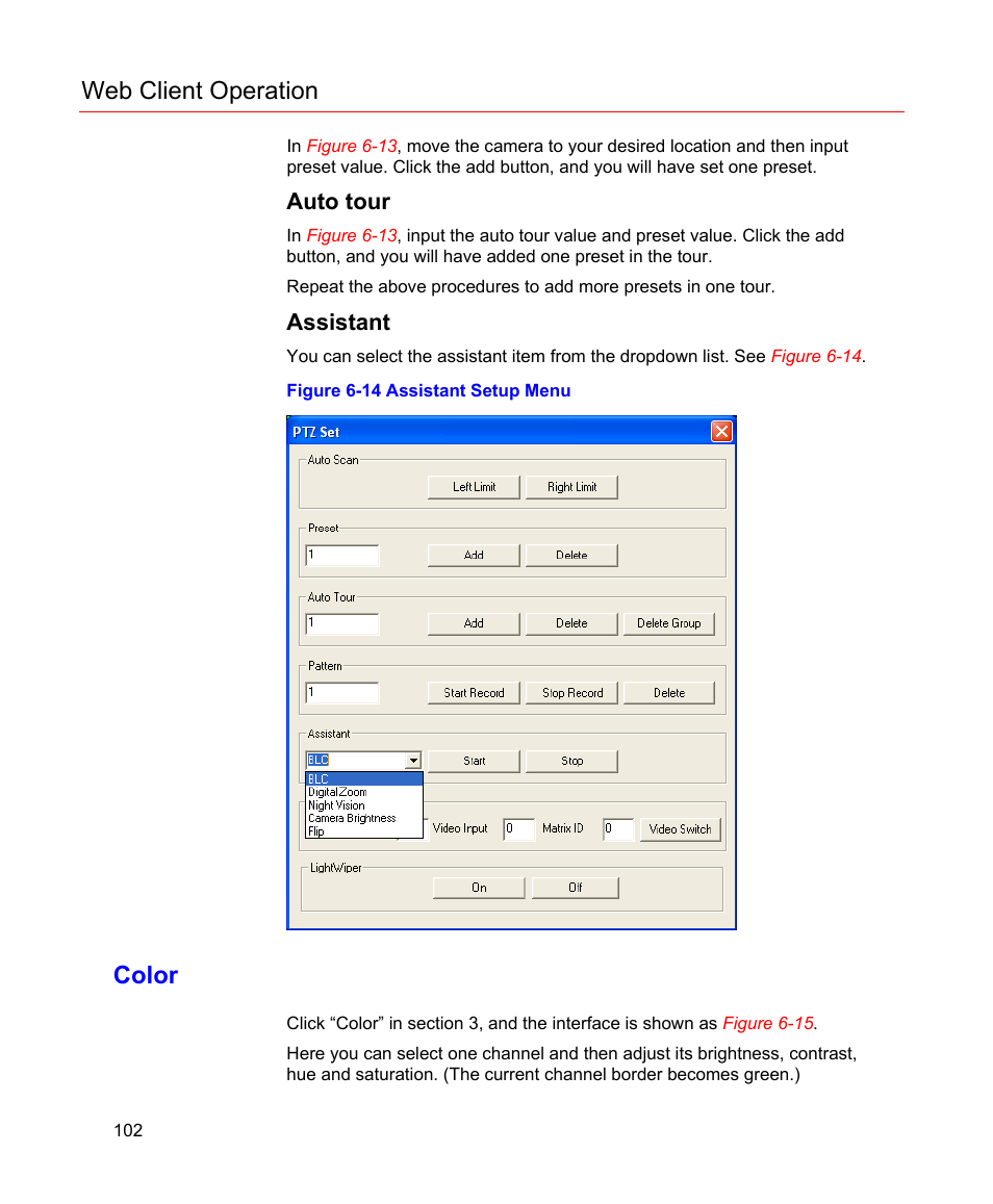 Auto tour, Assistant, Color | Figure 6-14 assistant setup menu, Button, Web client operation | Honeywell HD-16DVR-C User Manual | Page 118 / 169