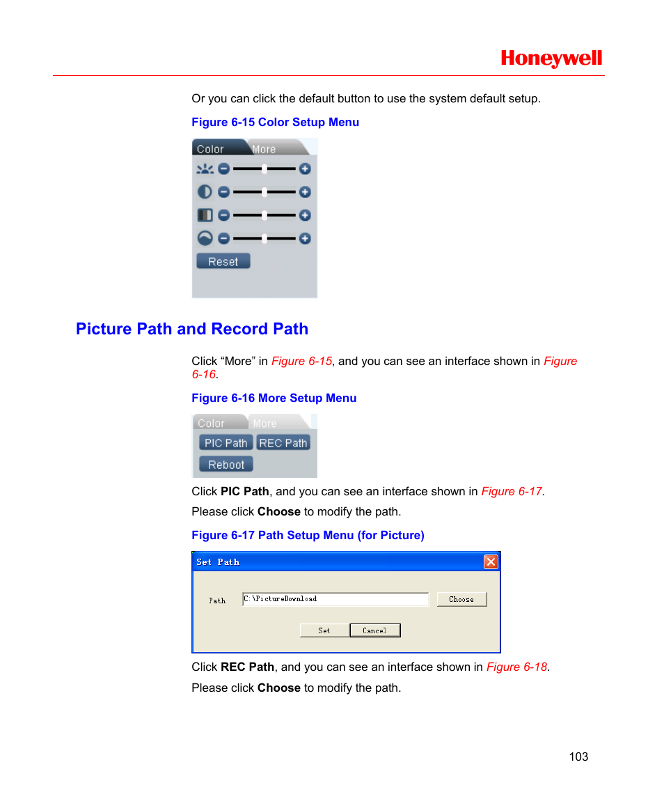 Picture path and record path, Figure 6-15 color setup menu, Figure 6-16 more setup menu | Figure 6-17 path setup menu (for picture), Honeywell | Honeywell HD-16DVR-C User Manual | Page 119 / 169