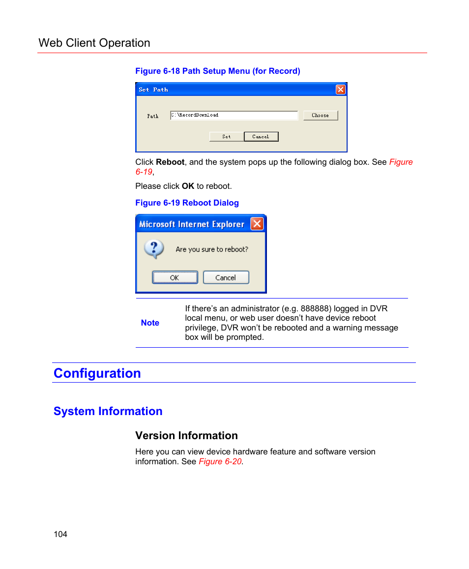 Configuration, System information, Version information | Figure 6-18 path setup menu (for record), Figure 6-19 reboot dialog, Web client operation | Honeywell HD-16DVR-C User Manual | Page 120 / 169