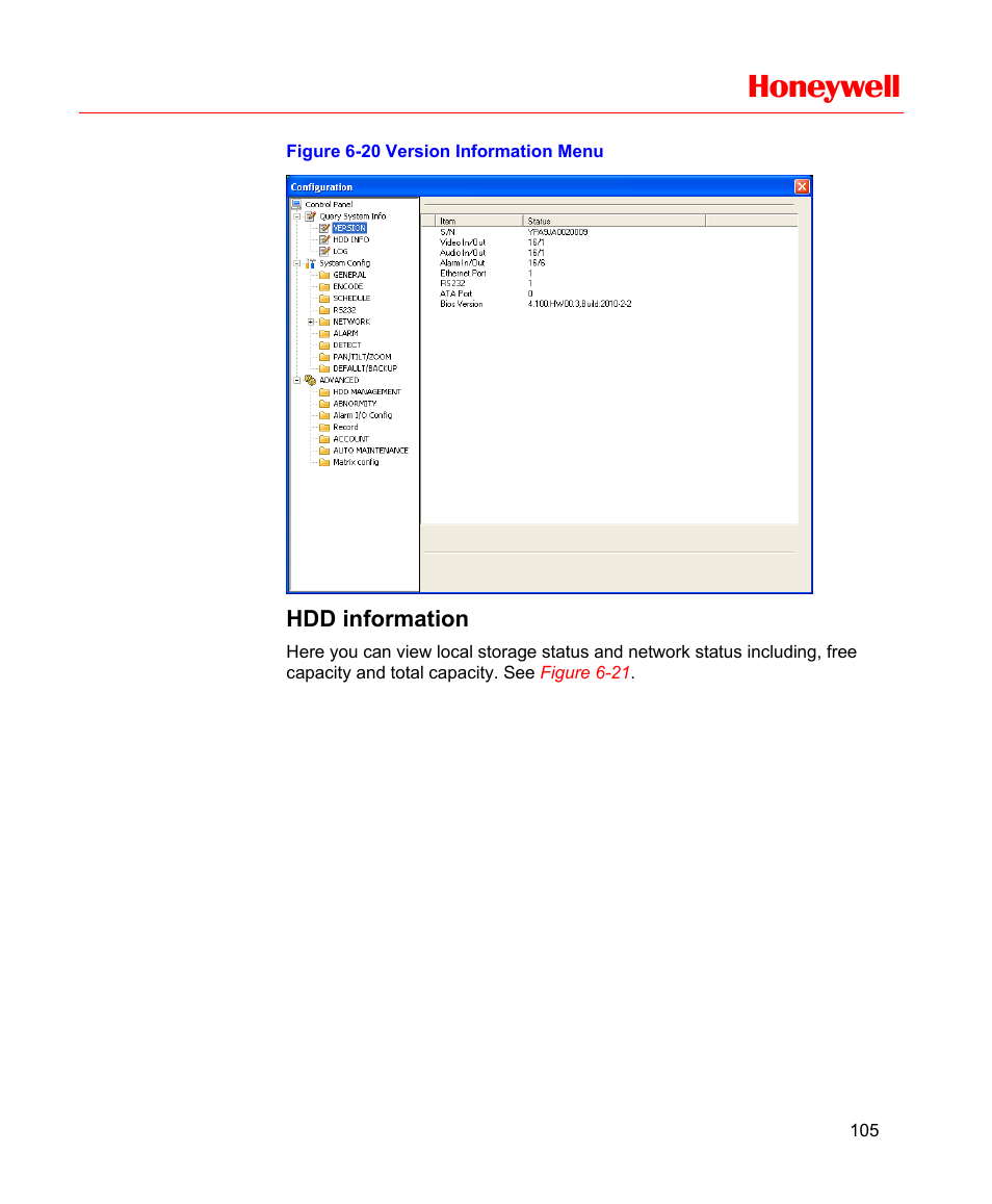 Hdd information, Figure 6-20 version information menu, N. see | Figure 6-20, Honeywell | Honeywell HD-16DVR-C User Manual | Page 121 / 169