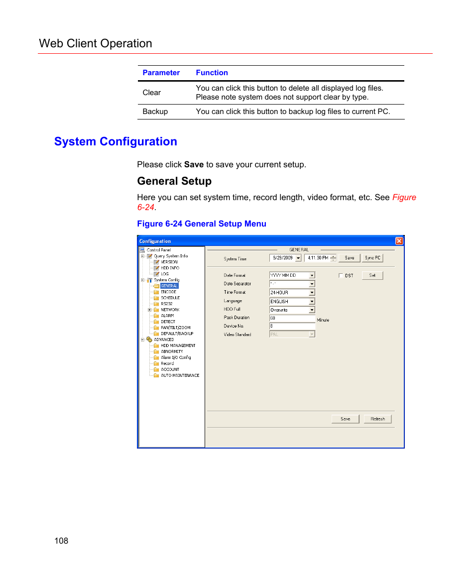 System configuration, General setup, Figure 6-24 general setup menu | Web client operation | Honeywell HD-16DVR-C User Manual | Page 124 / 169