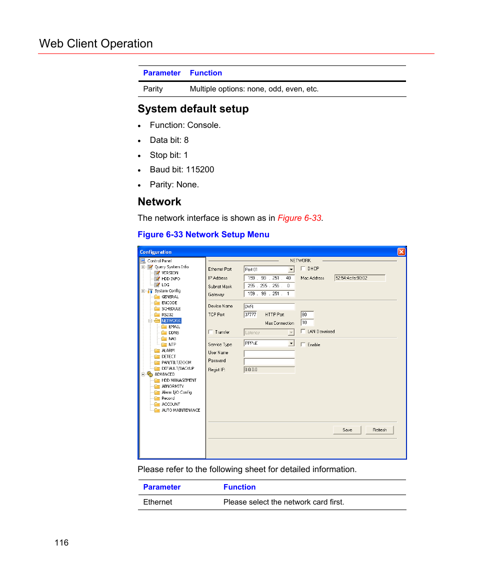 System default setup, Network, Figure 6-33 network setup menu | Web client operation | Honeywell HD-16DVR-C User Manual | Page 132 / 169