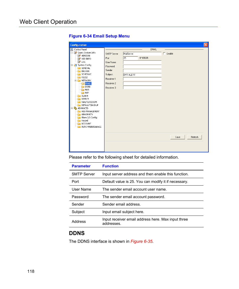 Ddns, Figure 6-34 email setup menu, Web client operation | Honeywell HD-16DVR-C User Manual | Page 134 / 169