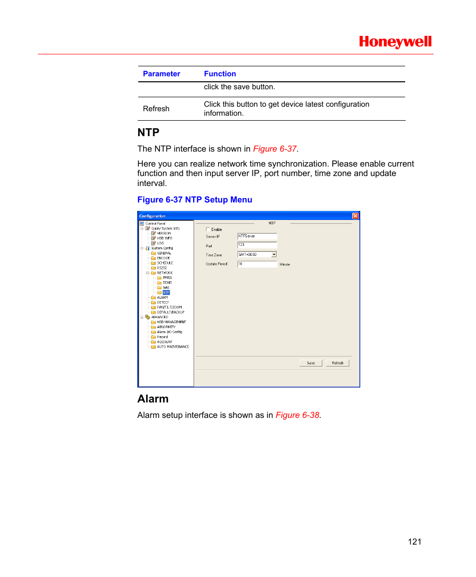 Alarm, Figure 6-37 ntp setup menu, Honeywell | Honeywell HD-16DVR-C User Manual | Page 137 / 169