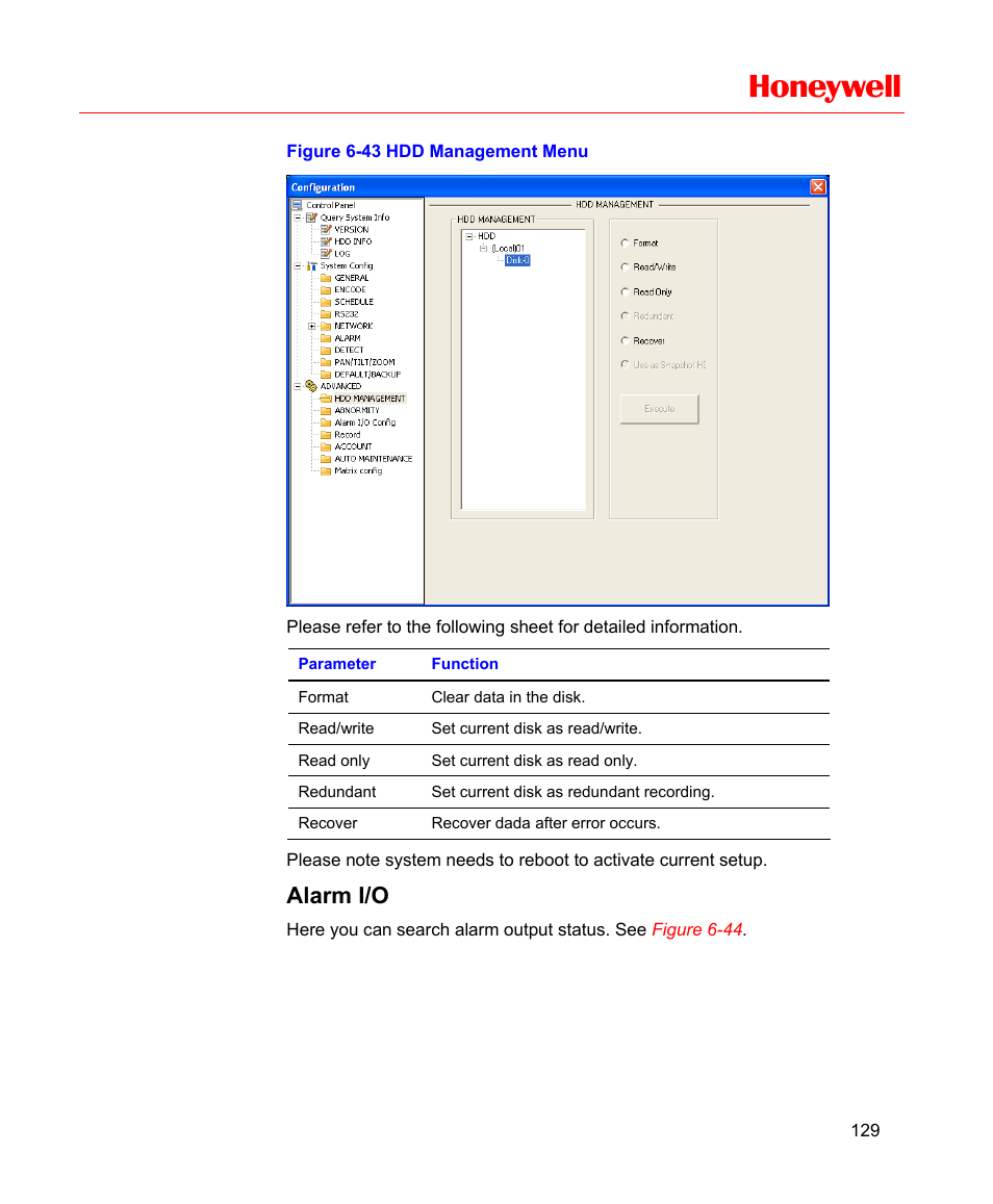 Alarm i/o, Figure 6-43 hdd management menu, Honeywell | Honeywell HD-16DVR-C User Manual | Page 145 / 169