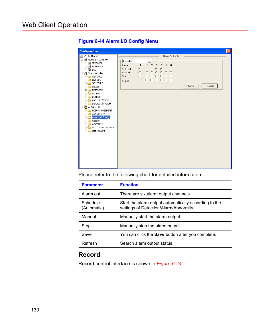 Record, Figure 6-44 alarm i/o config menu, Web client operation | Honeywell HD-16DVR-C User Manual | Page 146 / 169