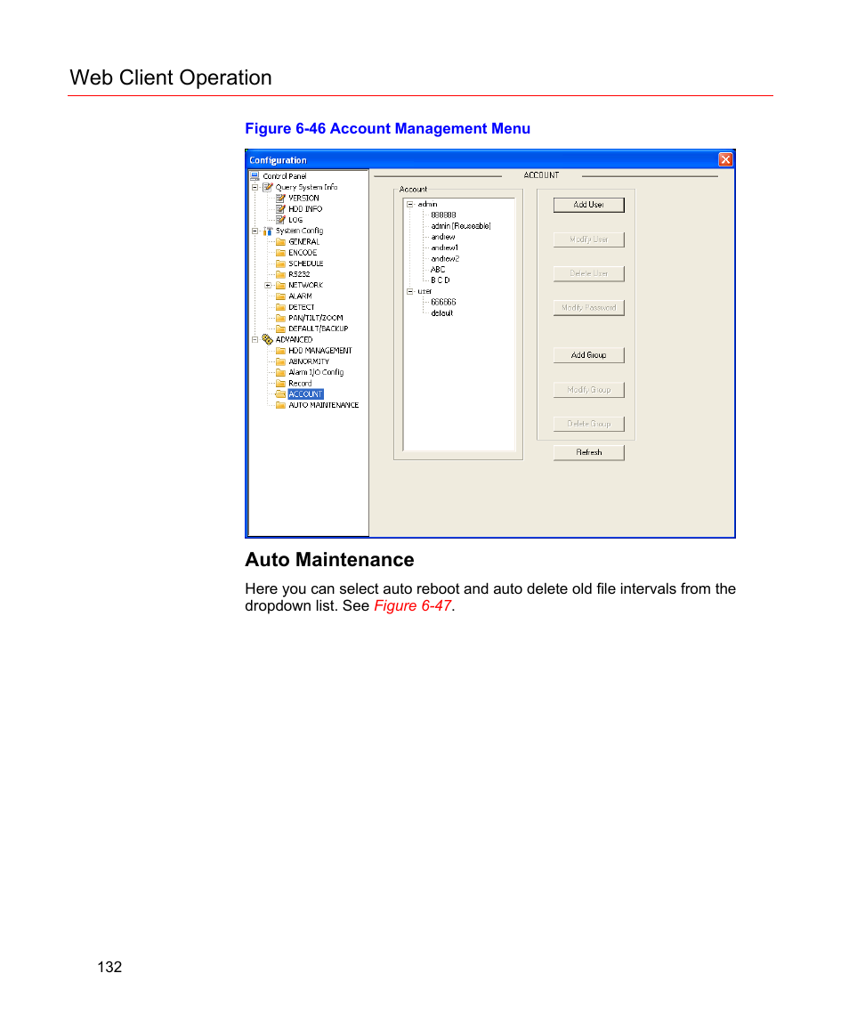 Auto maintenance, Figure 6-46 account management menu, Figure 6-46 | Web client operation | Honeywell HD-16DVR-C User Manual | Page 148 / 169