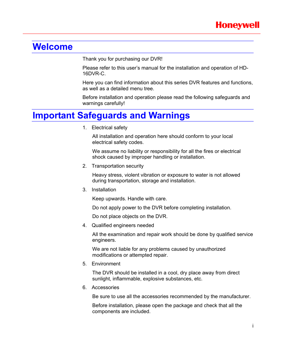 Welcome, Important safeguards and warnings, Honeywell | Honeywell HD-16DVR-C User Manual | Page 15 / 169