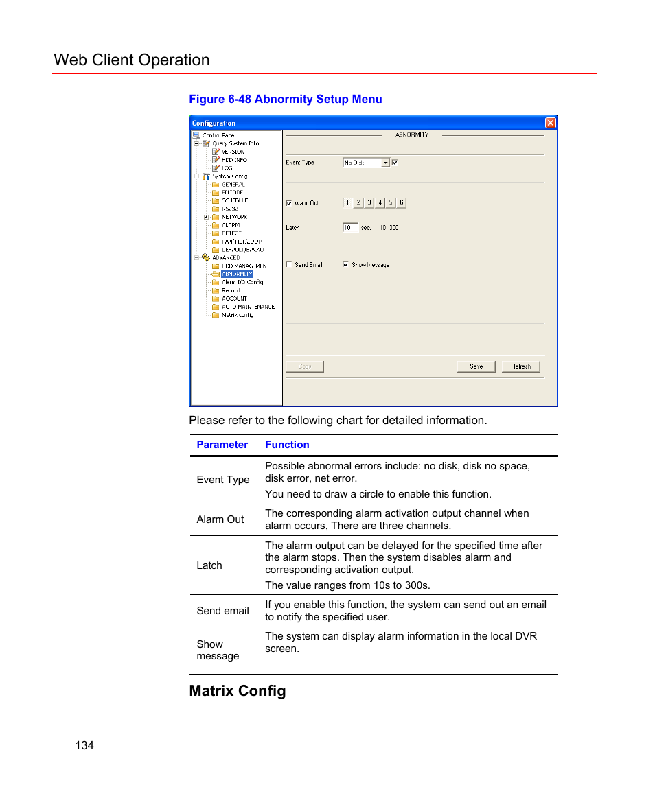 Matrix config, Figure 6-48 abnormity setup menu, Web client operation | Honeywell HD-16DVR-C User Manual | Page 150 / 169