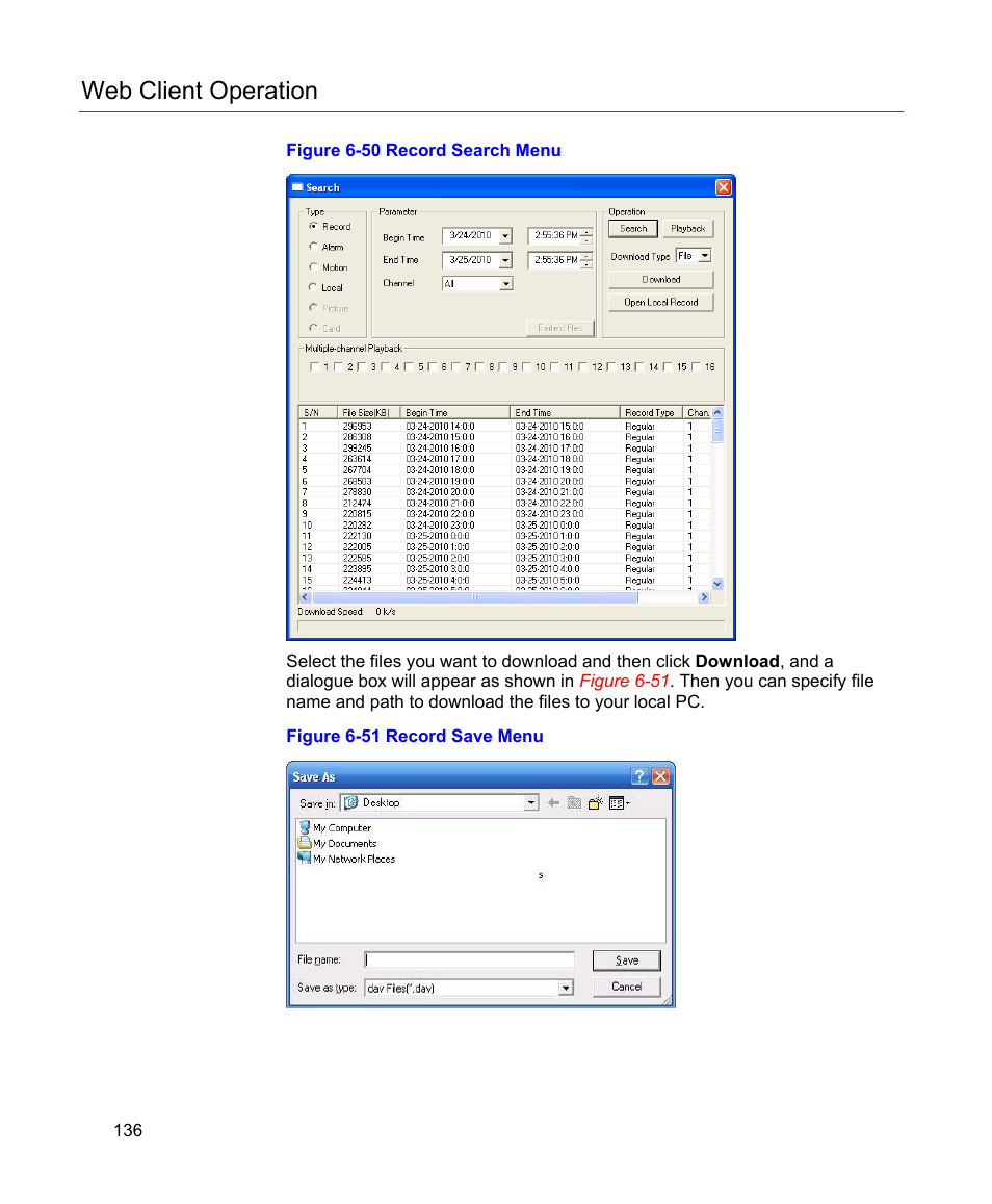 Figure 6-50 record search menu, Figure 6-51 record save menu, N in | Figure 6-50, Web client operation | Honeywell HD-16DVR-C User Manual | Page 152 / 169