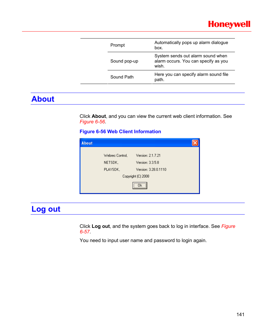 About, Log out, Figure 6-56 web client information | Honeywell | Honeywell HD-16DVR-C User Manual | Page 157 / 169