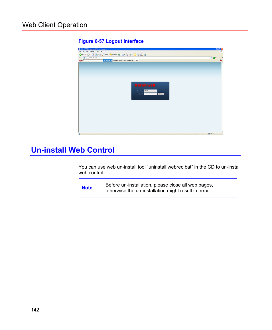 Un-install web control, Figure 6-57 logout interface, Figure | Web client operation | Honeywell HD-16DVR-C User Manual | Page 158 / 169