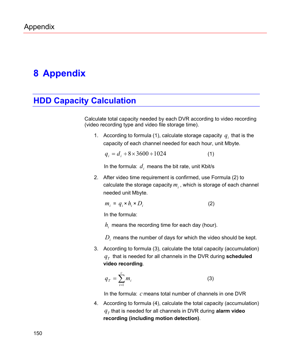 8 appendix, Hdd capacity calculation, Appendix | Honeywell HD-16DVR-C User Manual | Page 166 / 169