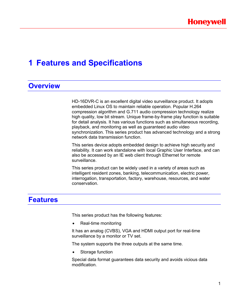 1 features and specifications, Overview, Features | Features and specifications, Honeywell | Honeywell HD-16DVR-C User Manual | Page 17 / 169
