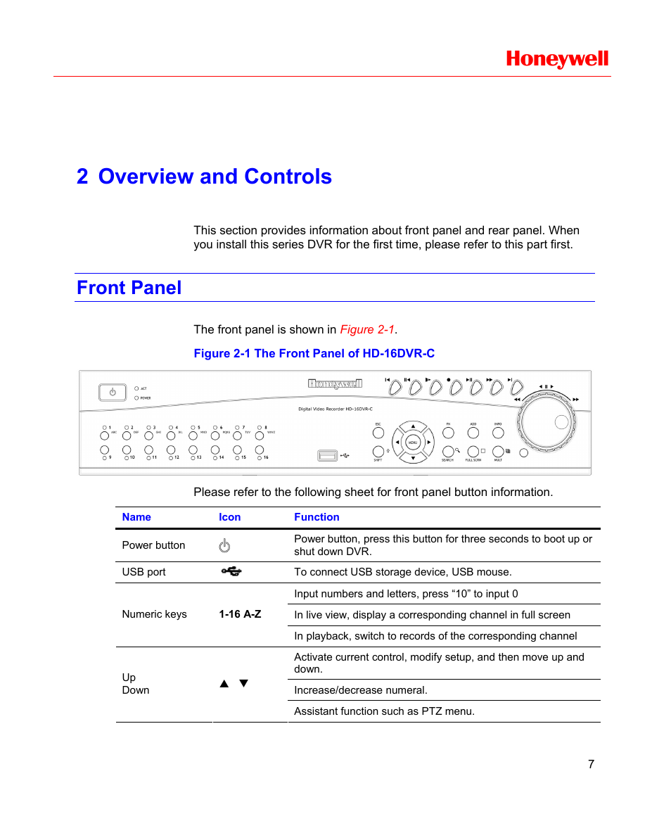 2 overview and controls, Front panel, Overview and controls | Figure 2-1 the front panel of hd-16dvr-c, Honeywell | Honeywell HD-16DVR-C User Manual | Page 23 / 169