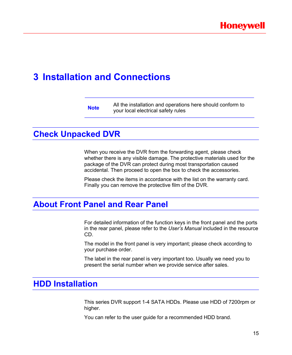 3 installation and connections, Check unpacked dvr, About front panel and rear panel | Hdd installation, Installation and connections, Honeywell | Honeywell HD-16DVR-C User Manual | Page 31 / 169