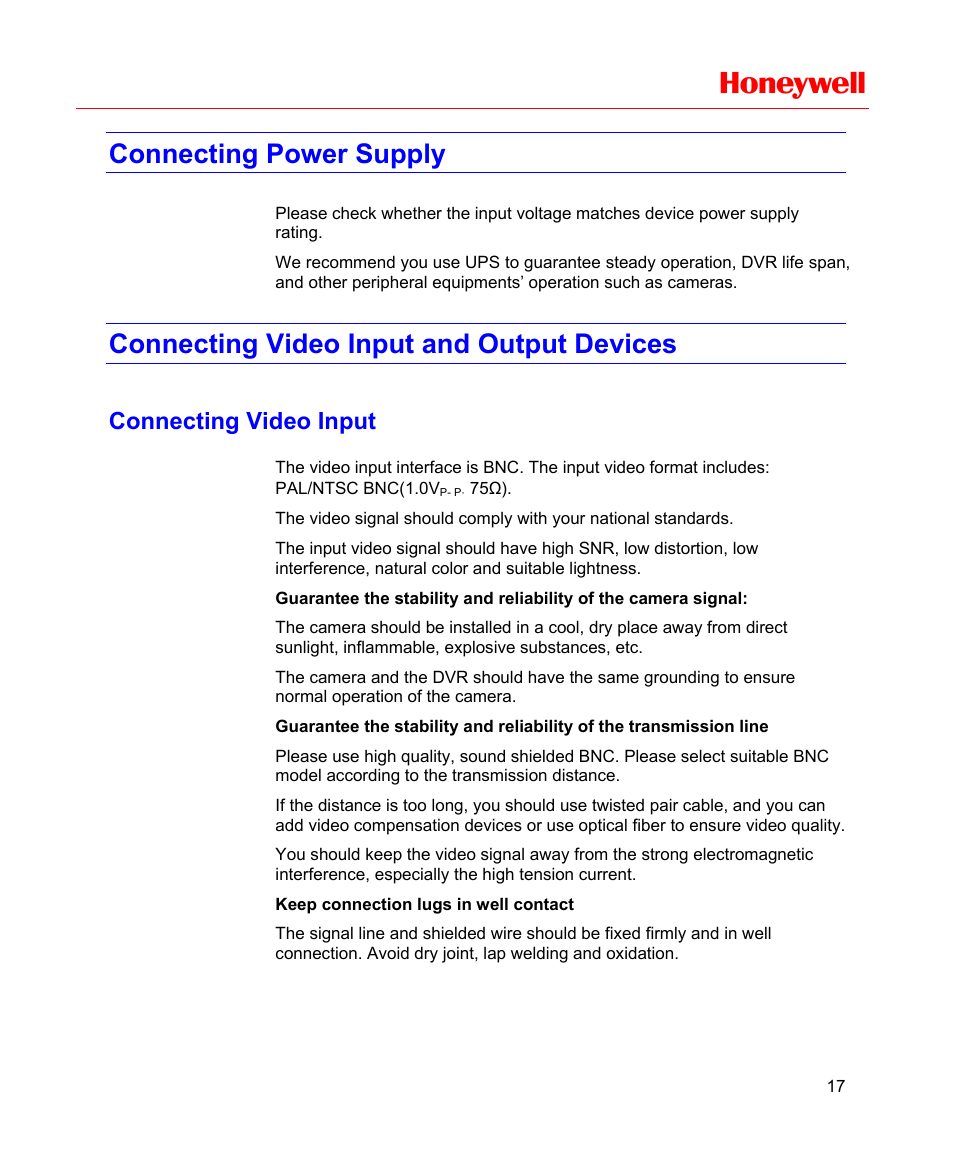 Connecting power supply, Connecting video input and output devices, Connecting video input | Honeywell | Honeywell HD-16DVR-C User Manual | Page 33 / 169