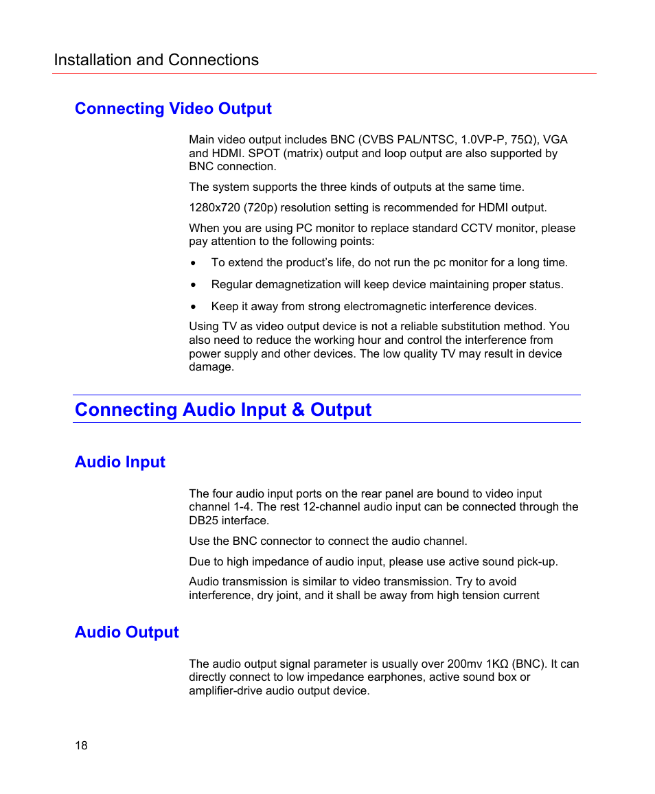Connecting video output, Connecting audio input & output, Audio input | Audio output, Installation and connections | Honeywell HD-16DVR-C User Manual | Page 34 / 169
