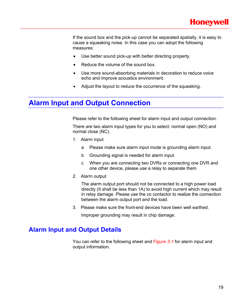 Alarm input and output connection, Alarm input and output details, Honeywell | Honeywell HD-16DVR-C User Manual | Page 35 / 169