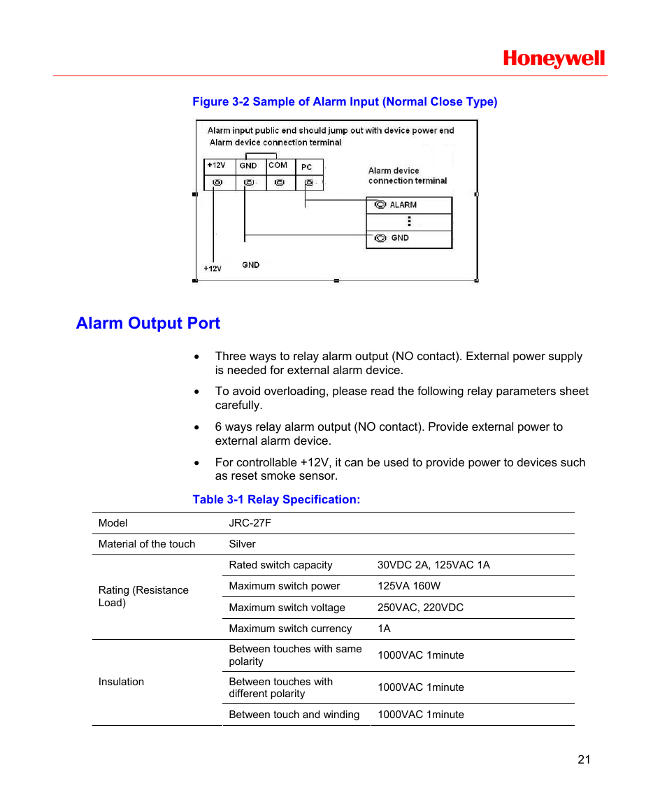Alarm output port, Honeywell | Honeywell HD-16DVR-C User Manual | Page 37 / 169