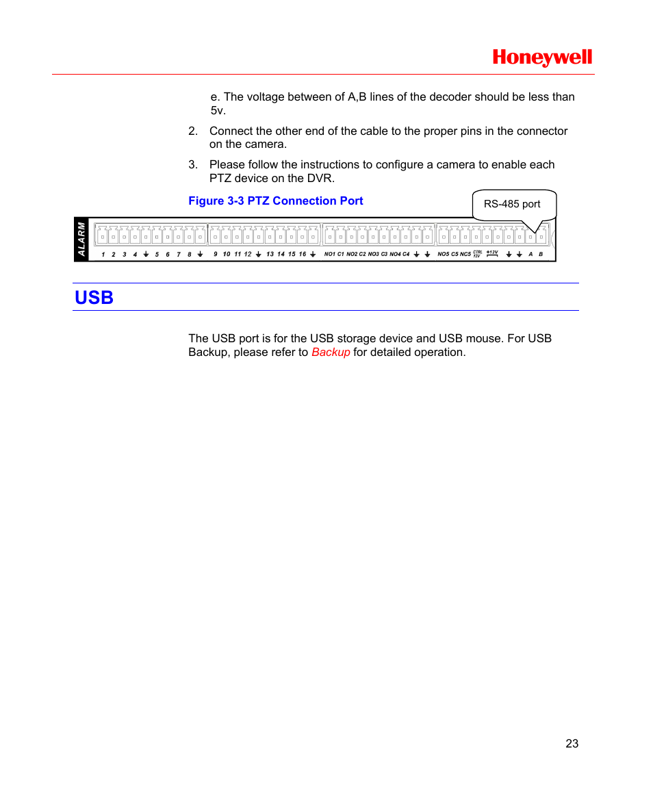 Figure 3-3 ptz connection port, Honeywell | Honeywell HD-16DVR-C User Manual | Page 39 / 169