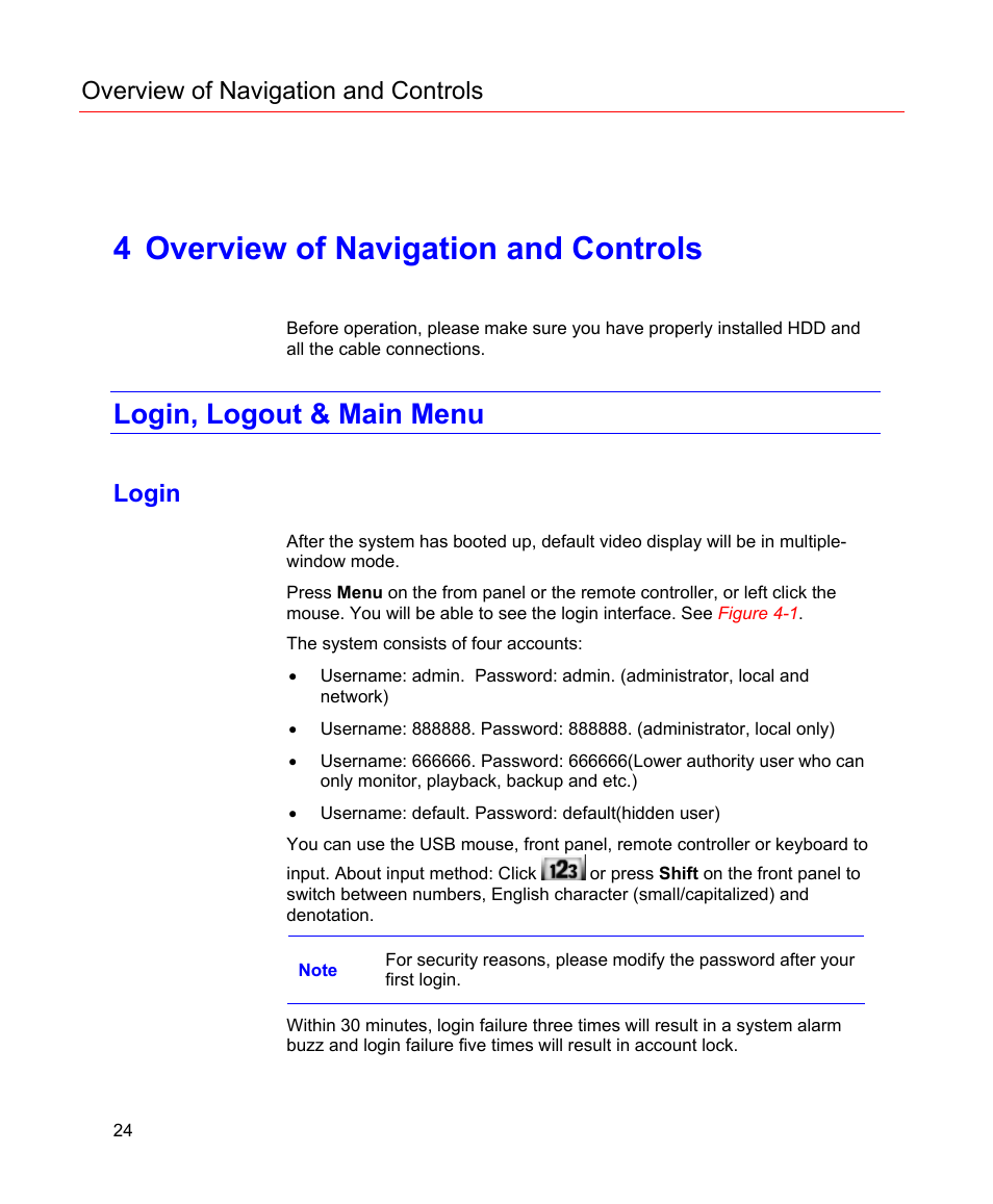 4 overview of navigation and controls, Login, logout & main menu, Login | Overview of navigation and controls | Honeywell HD-16DVR-C User Manual | Page 40 / 169