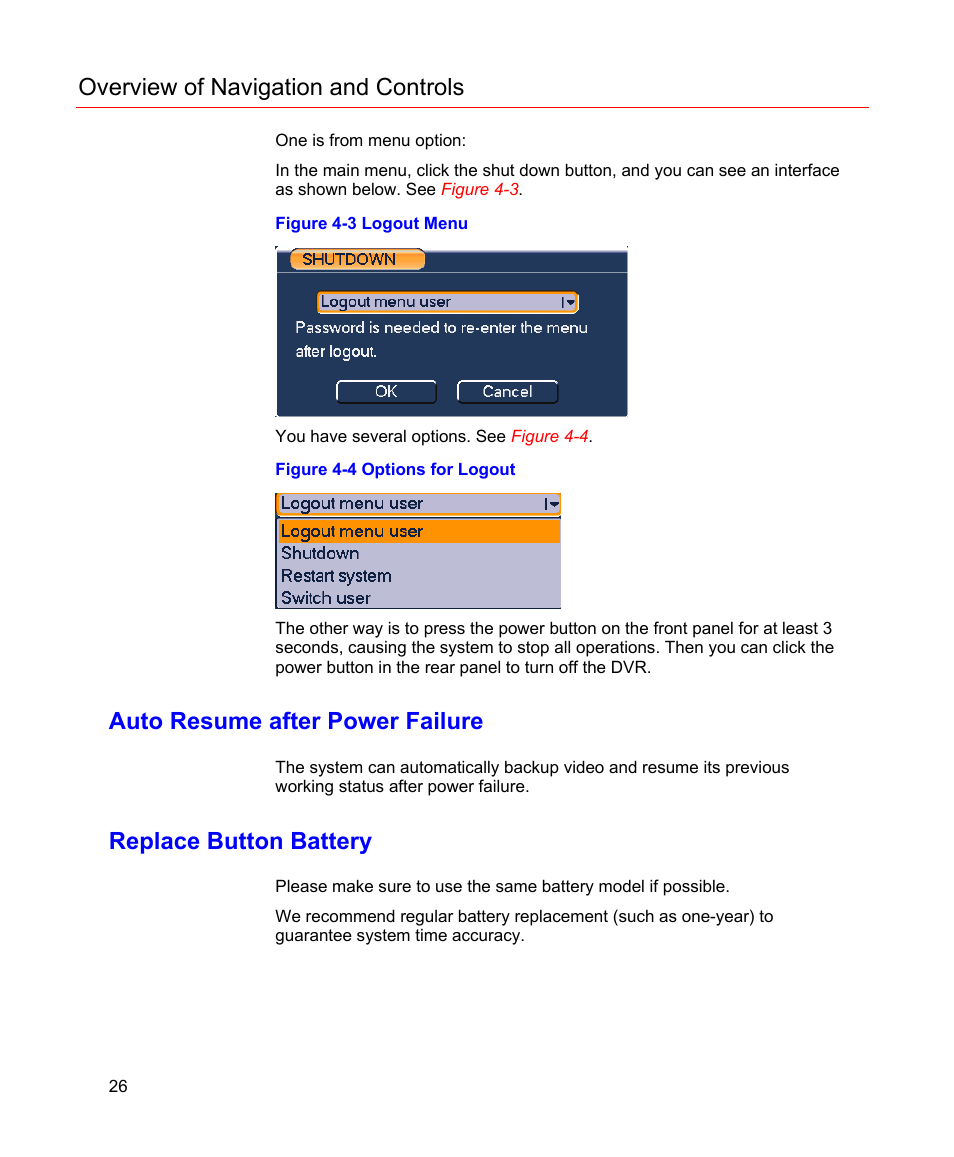 Auto resume after power failure, Replace button battery, Figure 4-3 logout menu | Figure 4-4 options for logout, Overview of navigation and controls | Honeywell HD-16DVR-C User Manual | Page 42 / 169
