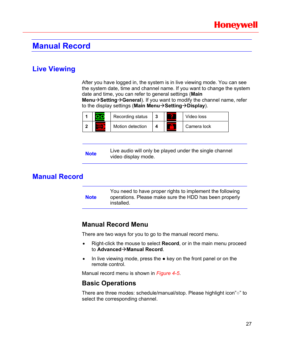 Manual record, Live viewing, Manual record menu | Basic operations, Honeywell | Honeywell HD-16DVR-C User Manual | Page 43 / 169