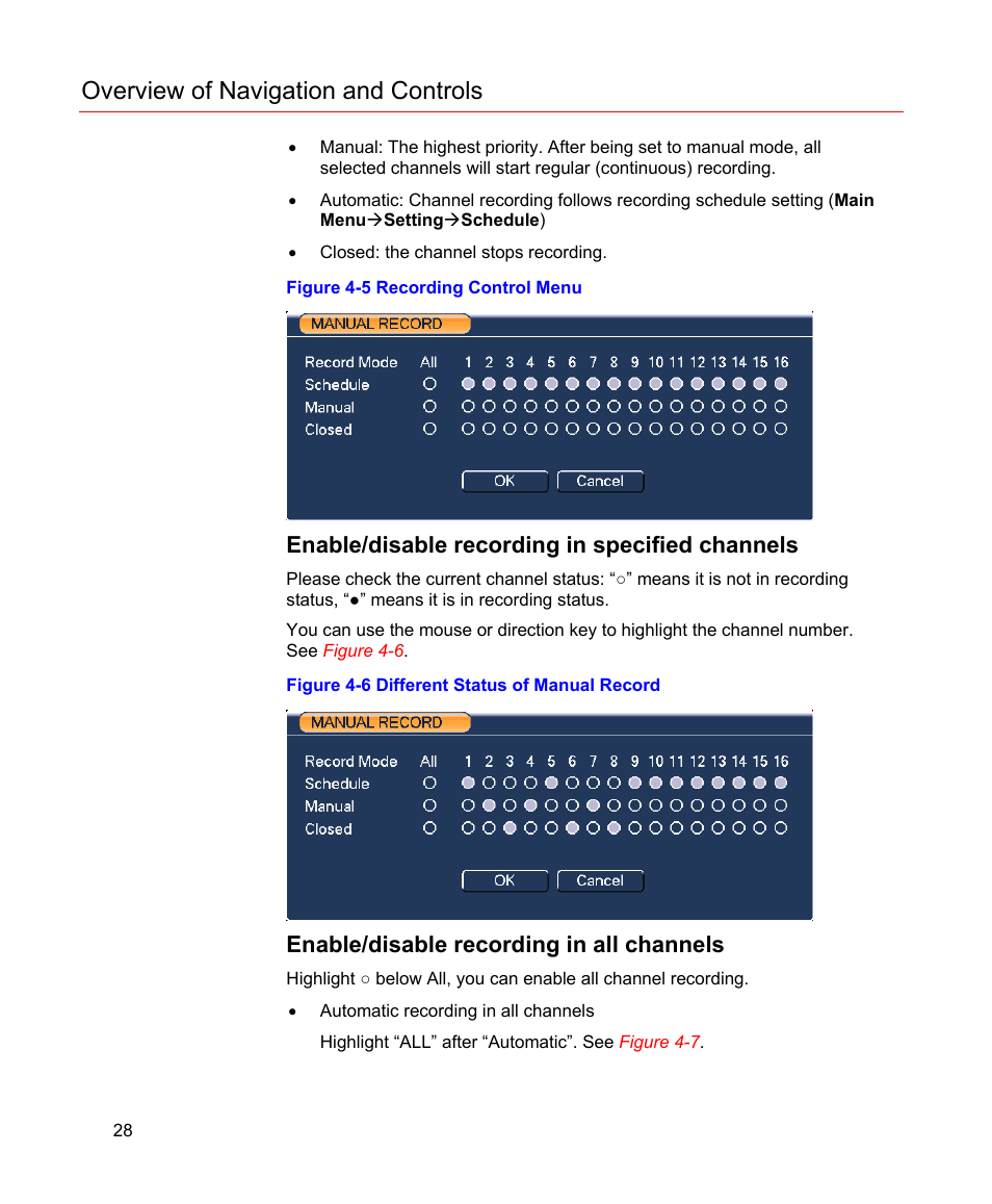 Enable/disable recording in specified channels, Enable/disable recording in all channels, Figure 4-5 recording control menu | Figure 4-6 different status of manual record, Overview of navigation and controls | Honeywell HD-16DVR-C User Manual | Page 44 / 169