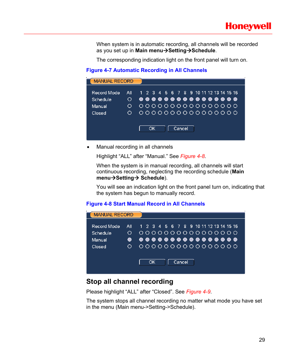 Stop all channel recording, Figure 4-7 automatic recording in all channels, Figure 4-8 start manual record in all channels | Atic”. see, Figure 4-7, Honeywell | Honeywell HD-16DVR-C User Manual | Page 45 / 169