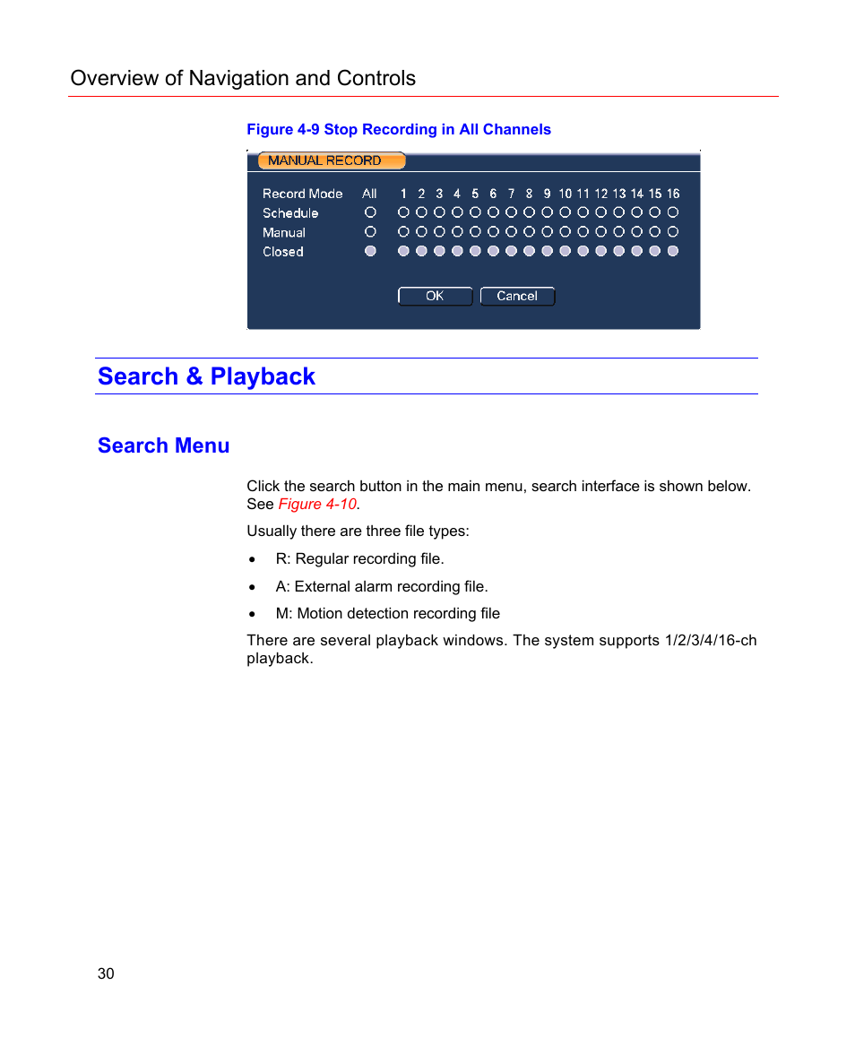 Search & playback, Search menu, Figure 4-9 stop recording in all channels | Figure 4-9, Overview of navigation and controls | Honeywell HD-16DVR-C User Manual | Page 46 / 169