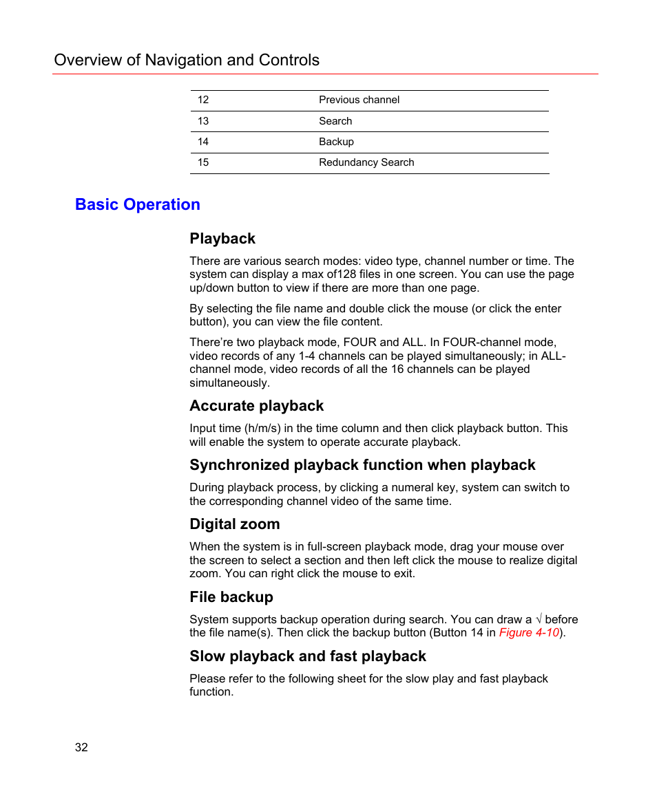 Basic operation, Playback, Accurate playback | Synchronized playback function when playback, Digital zoom, File backup, Slow playback and fast playback, Overview of navigation and controls | Honeywell HD-16DVR-C User Manual | Page 48 / 169