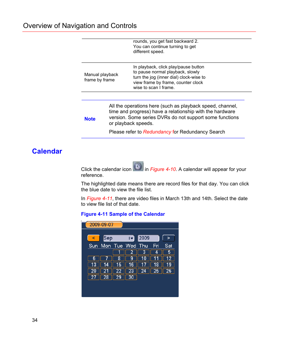 Calendar, Figure 4-11 sample of the calendar, Overview of navigation and controls | Honeywell HD-16DVR-C User Manual | Page 50 / 169