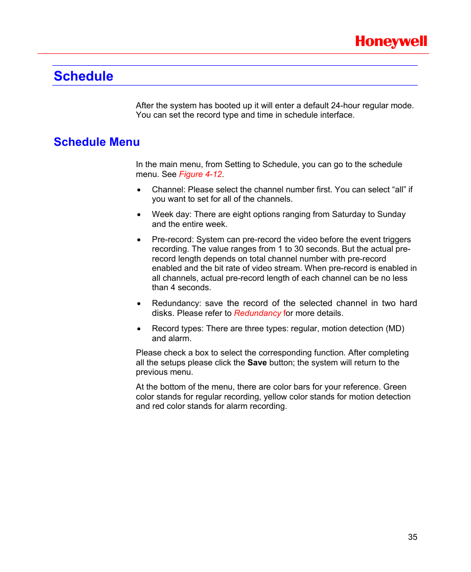 Schedule, Schedule menu, Honeywell | Honeywell HD-16DVR-C User Manual | Page 51 / 169