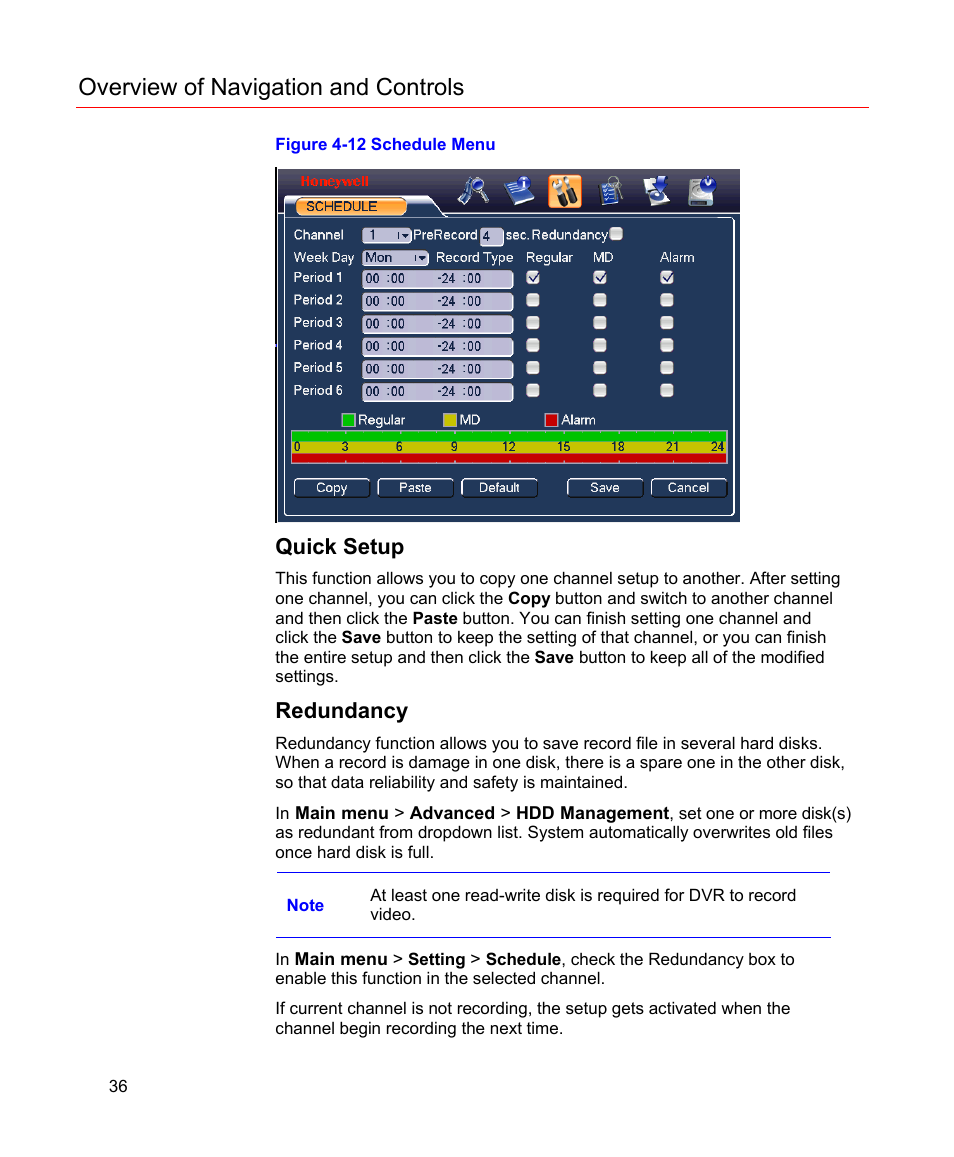 Quick setup, Redundancy, Figure 4-12 schedule menu | Overview of navigation and controls | Honeywell HD-16DVR-C User Manual | Page 52 / 169