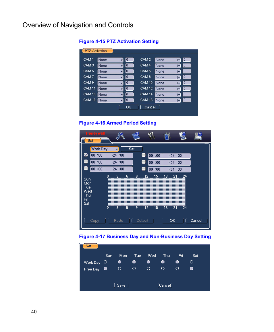 Figure 4-15 ptz activation setting, Figure 4-16 armed period setting, Figure 4-15 | Figure 4-16, Here, An interface as shown in, Figure 4-17, Overview of navigation and controls | Honeywell HD-16DVR-C User Manual | Page 56 / 169