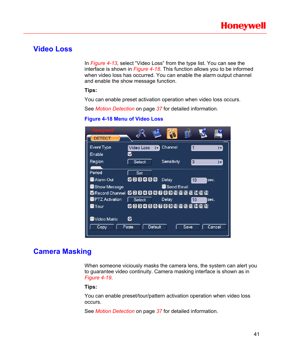 Video loss, Camera masking, Figure 4-18 menu of video loss | Honeywell | Honeywell HD-16DVR-C User Manual | Page 57 / 169