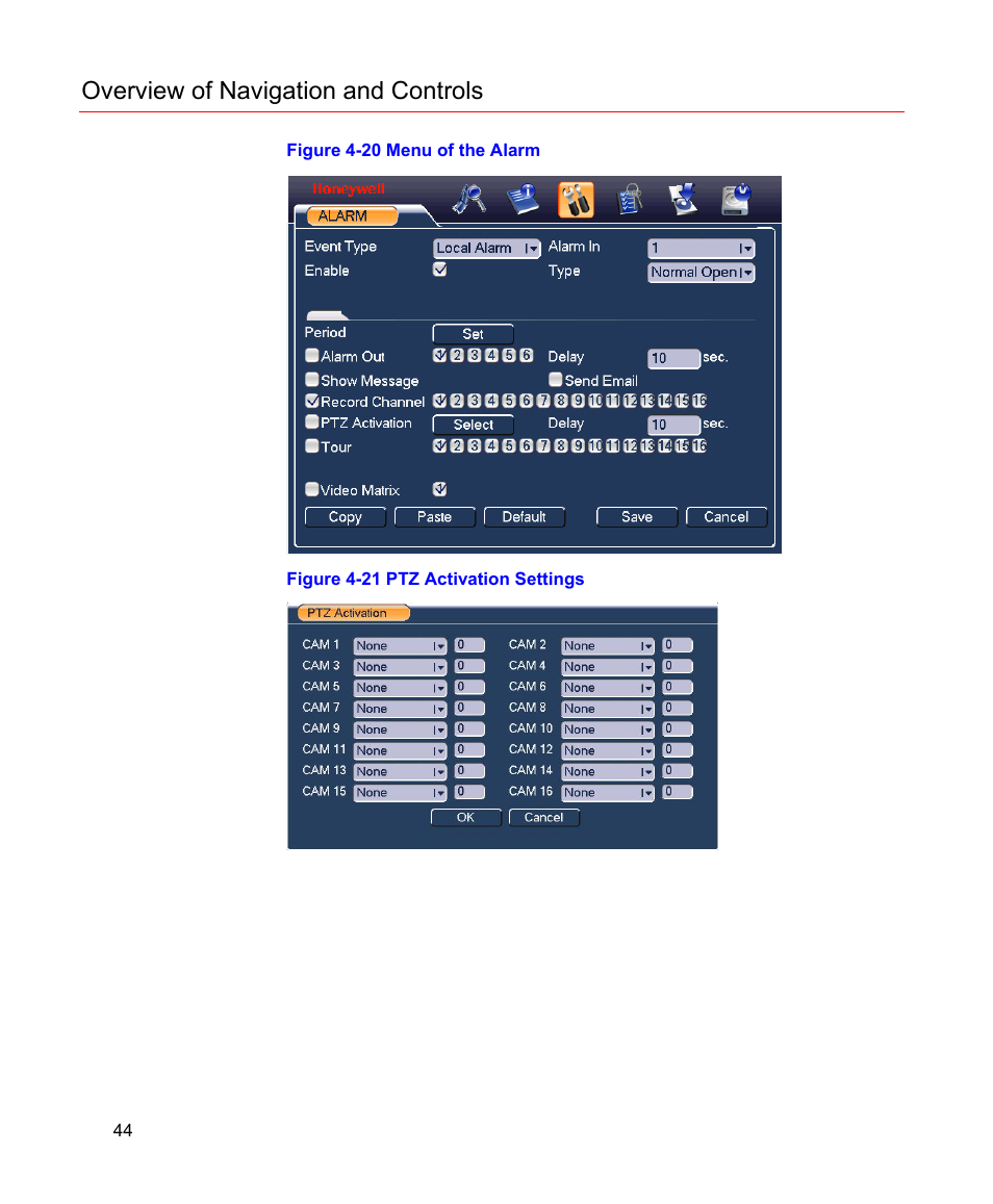 Figure 4-20 menu of the alarm, Figure 4-21 ptz activation settings, Interface. see | Figure 4-20, Low. see, Overview of navigation and controls | Honeywell HD-16DVR-C User Manual | Page 60 / 169