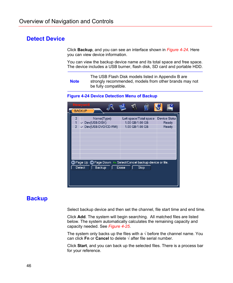 Detect device, Backup, Figure 4-24 device detection menu of backup | Figure, Overview of navigation and controls | Honeywell HD-16DVR-C User Manual | Page 62 / 169