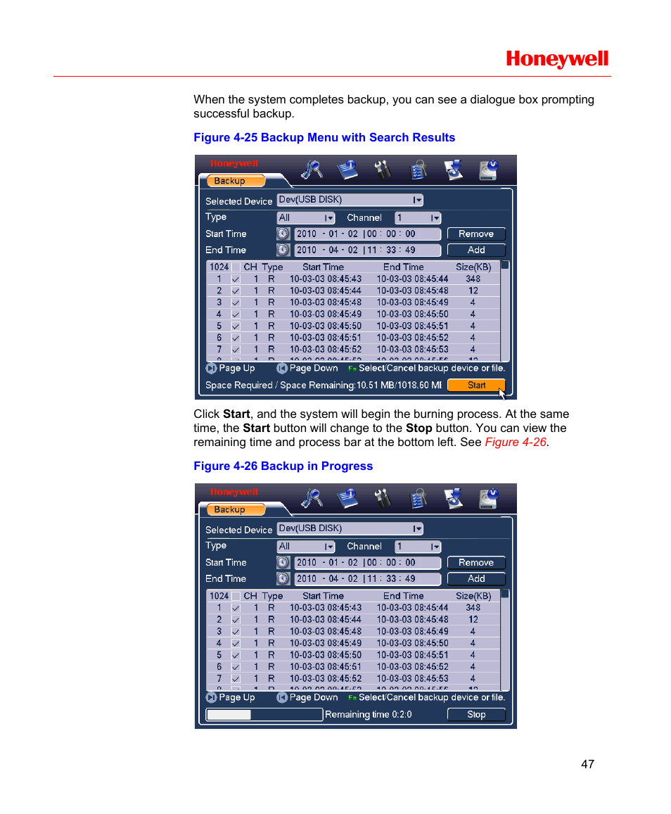 Figure 4-25 backup menu with search results, Figure 4-26 backup in progress, Figure 4-25 | Click, Figure, Honeywell | Honeywell HD-16DVR-C User Manual | Page 63 / 169