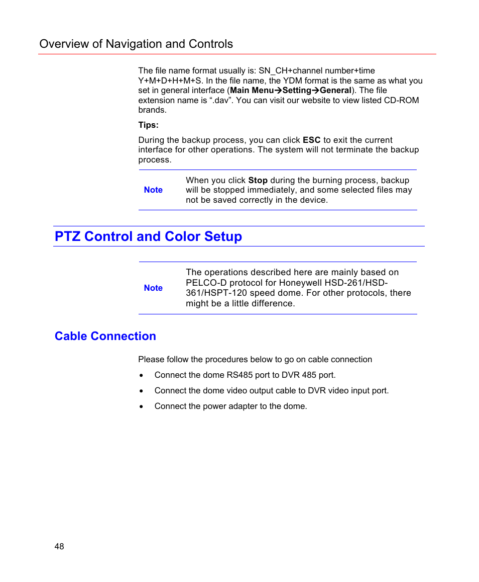 Ptz control and color setup, Cable connection, Overview of navigation and controls | Honeywell HD-16DVR-C User Manual | Page 64 / 169