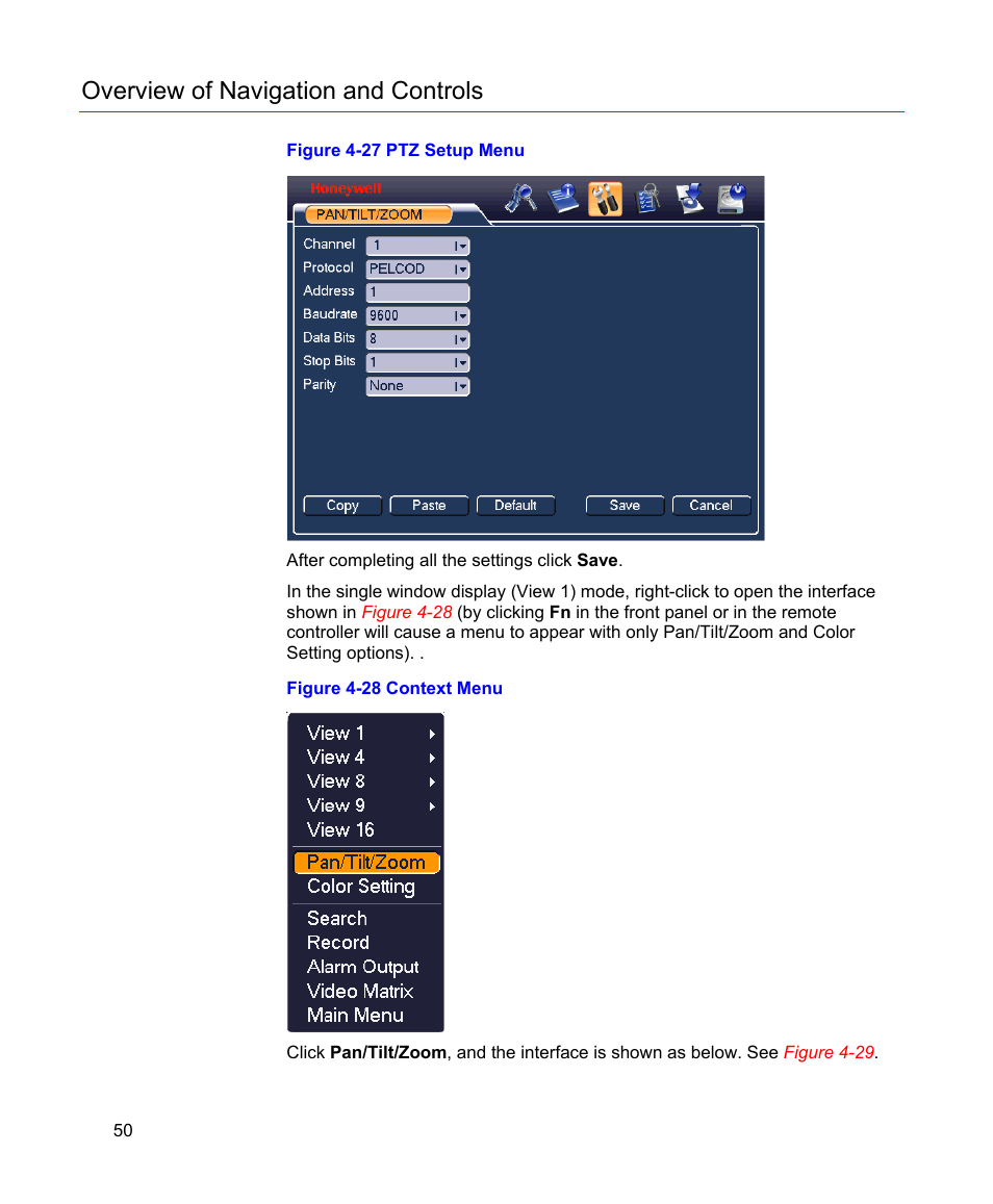 Figure 4-27 ptz setup menu, Figure 4-28 context menu, Overview of navigation and controls | Honeywell HD-16DVR-C User Manual | Page 66 / 169