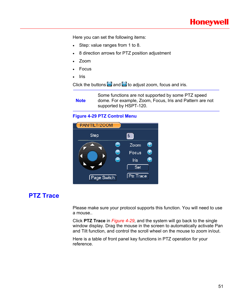 Ptz trace, Figure 4-29 ptz control menu, Figure 4-29 | Honeywell | Honeywell HD-16DVR-C User Manual | Page 67 / 169