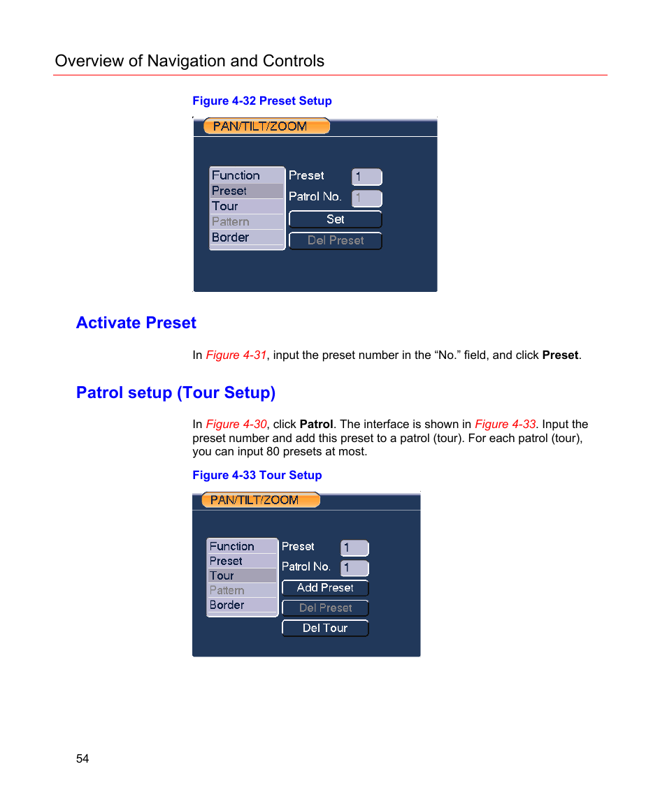 Activate preset, Patrol setup (tour setup), Figure 4-32 preset setup | Figure 4-33 tour setup, Overview of navigation and controls | Honeywell HD-16DVR-C User Manual | Page 70 / 169