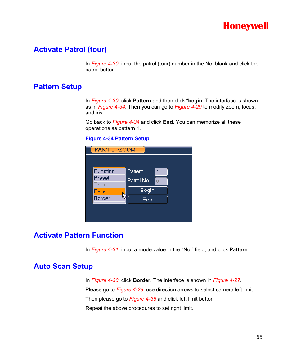 Activate patrol (tour), Pattern setup, Activate pattern function | Auto scan setup, Figure 4-34 pattern setup, Honeywell | Honeywell HD-16DVR-C User Manual | Page 71 / 169