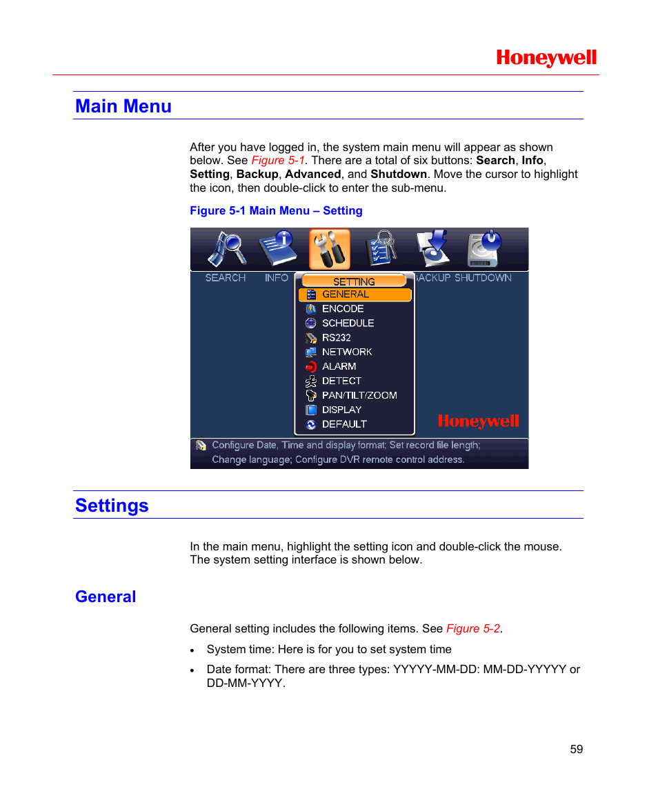 Main menu, Settings, General | Figure 5-1 main menu – setting, Honeywell | Honeywell HD-16DVR-C User Manual | Page 75 / 169