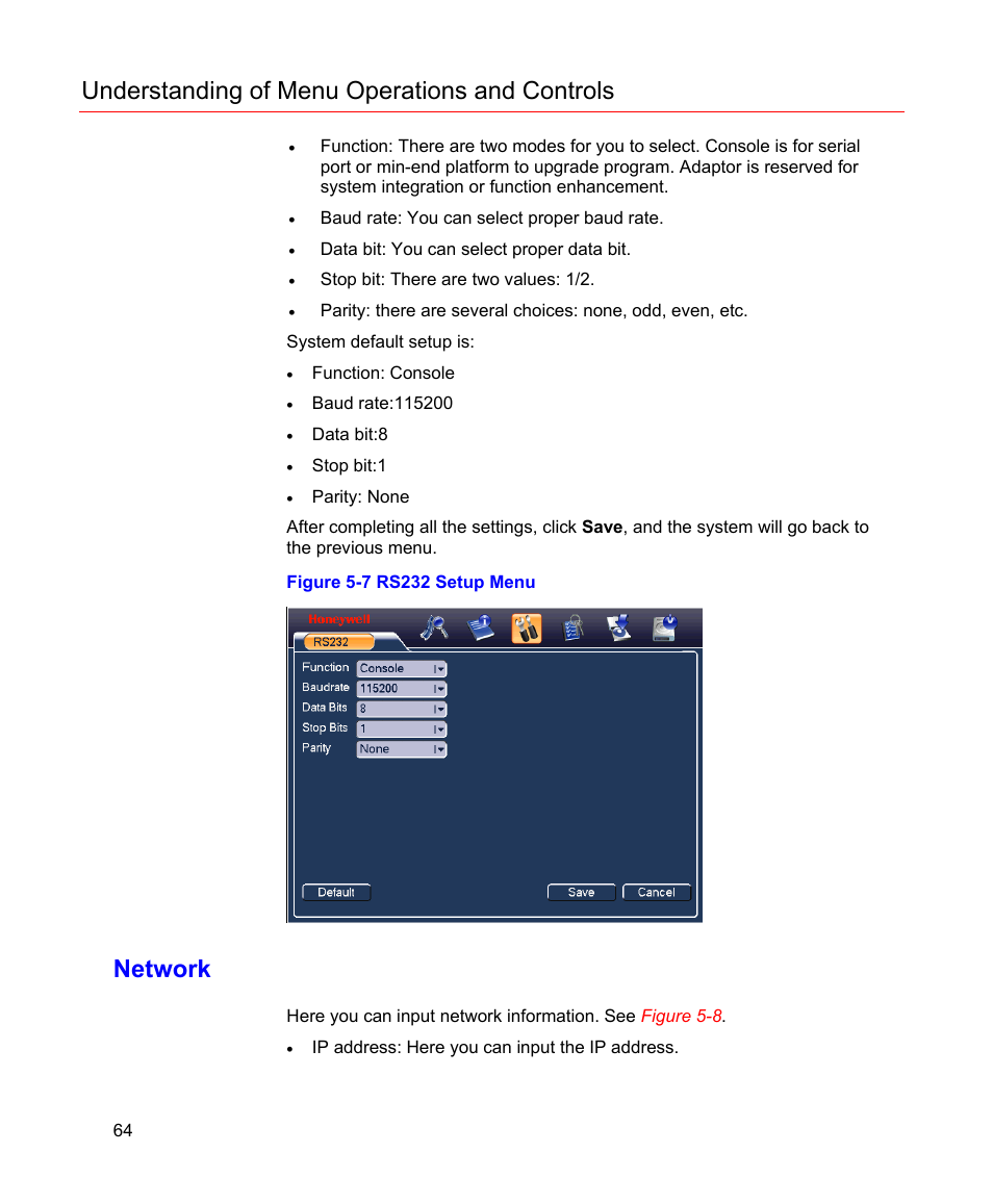 Network, Figure 5-7 rs232 setup menu, Figure 5-7 | Understanding of menu operations and controls | Honeywell HD-16DVR-C User Manual | Page 80 / 169