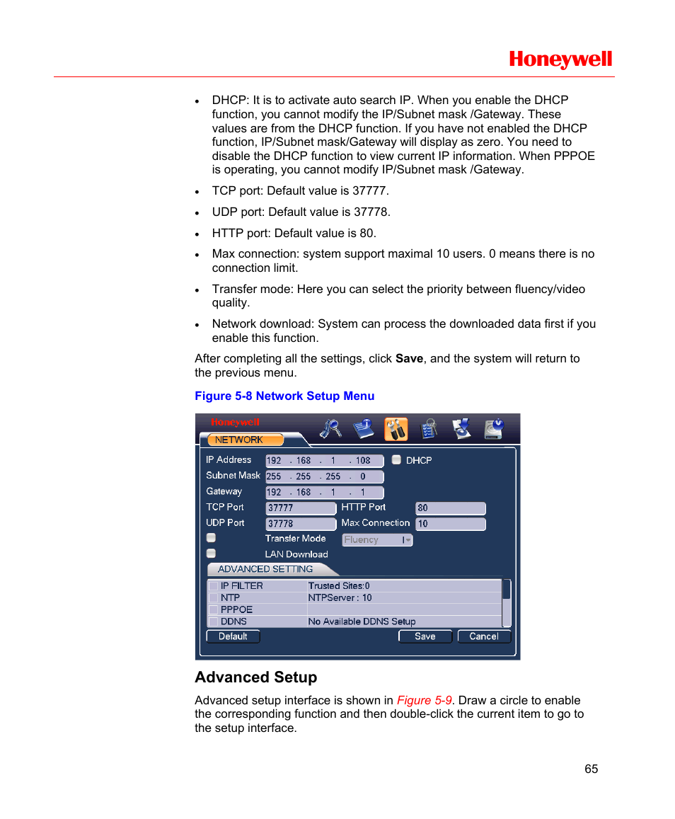 Advanced setup, Figure 5-8 network setup menu, Honeywell | Honeywell HD-16DVR-C User Manual | Page 81 / 169