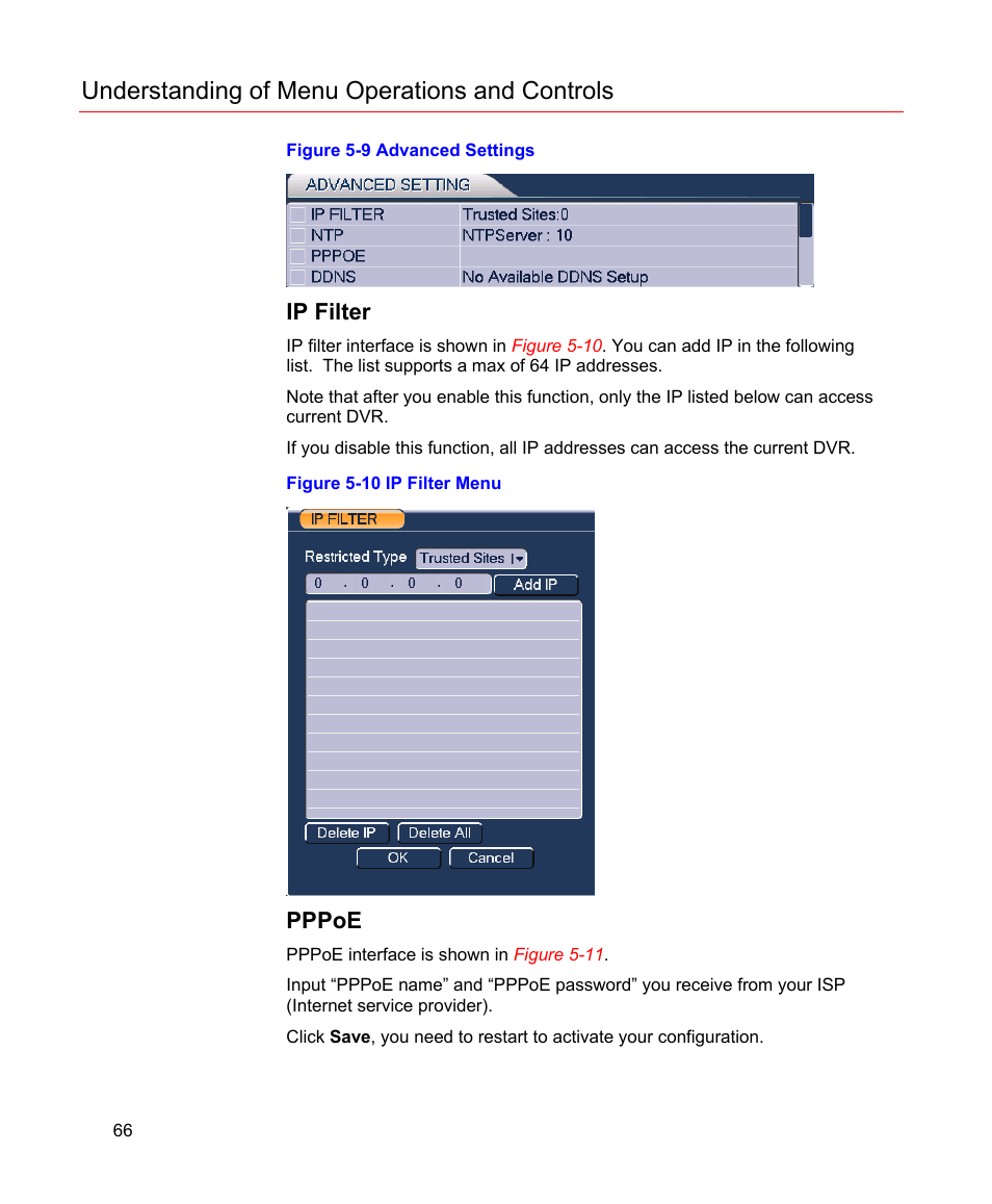 Ip filter, Pppoe, Figure 5-9 advanced settings | Figure 5-10 ip filter menu, Understanding of menu operations and controls | Honeywell HD-16DVR-C User Manual | Page 82 / 169
