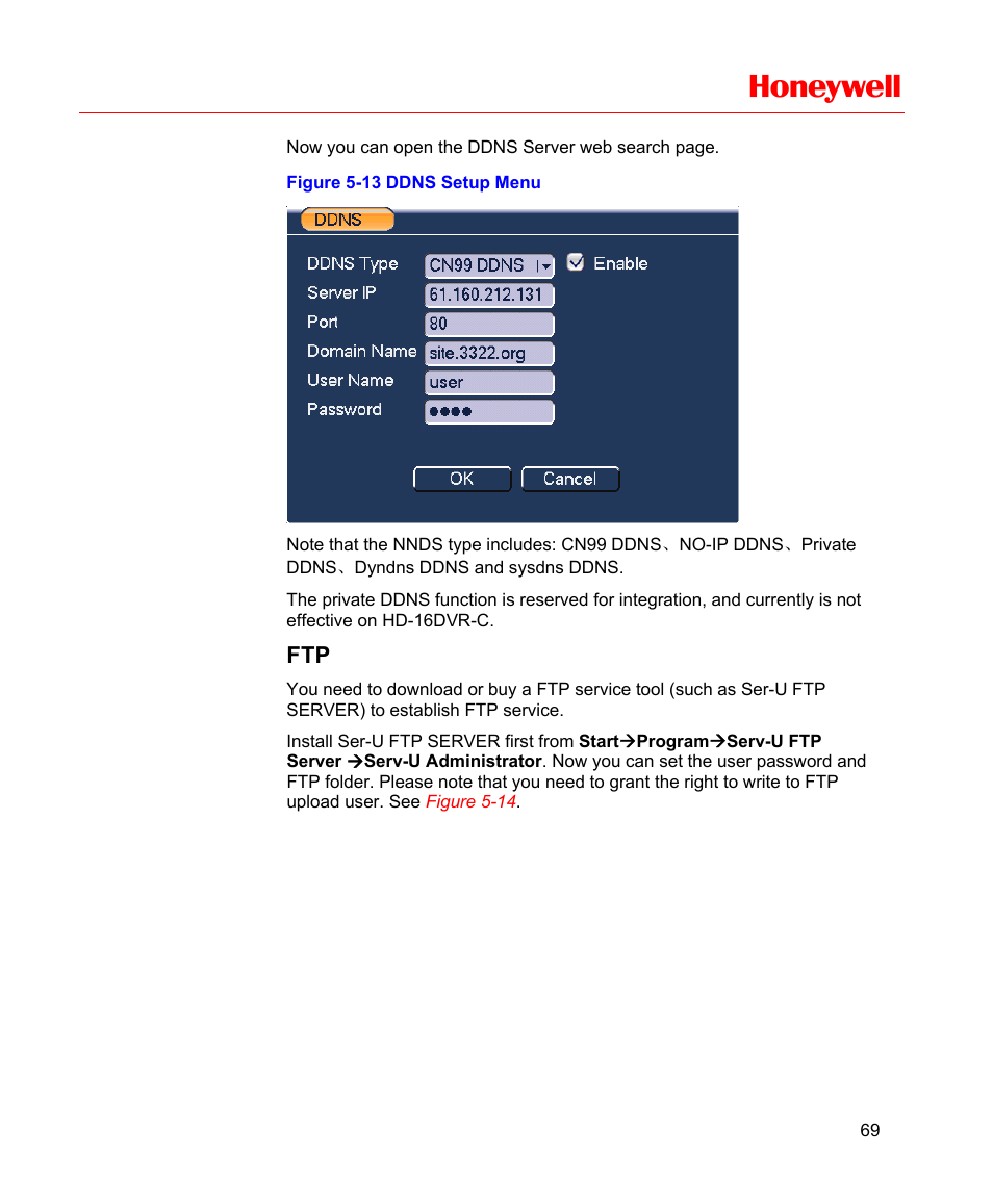 Figure 5-13 ddns setup menu, Honeywell | Honeywell HD-16DVR-C User Manual | Page 85 / 169